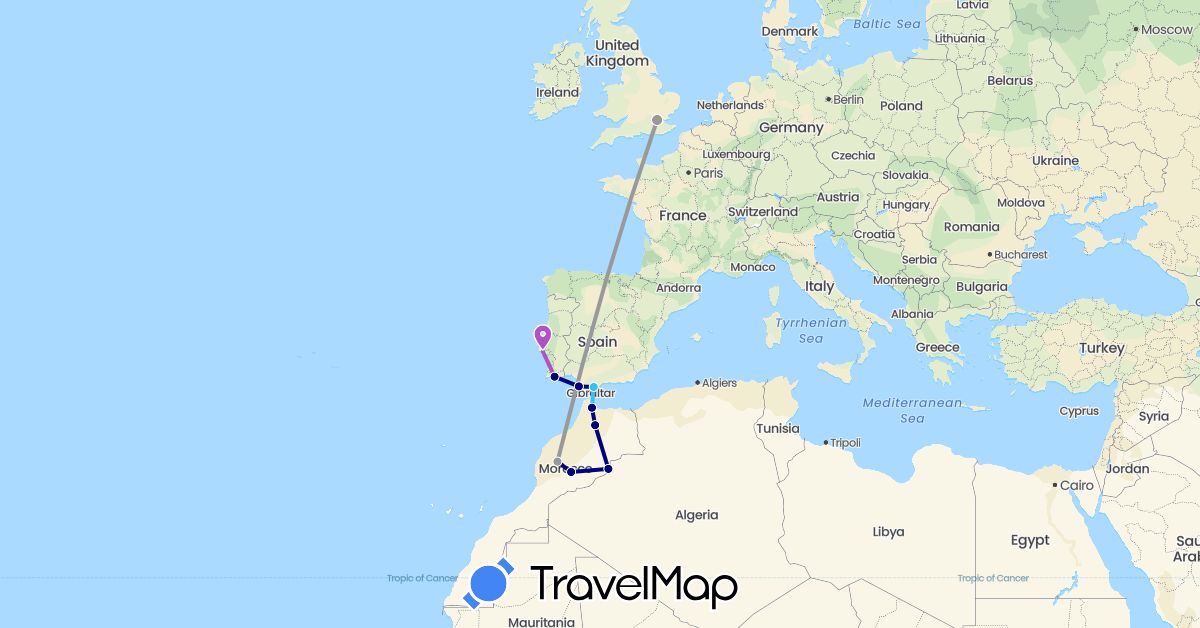 TravelMap itinerary: driving, plane, train, boat in Spain, United Kingdom, Morocco, Portugal (Africa, Europe)